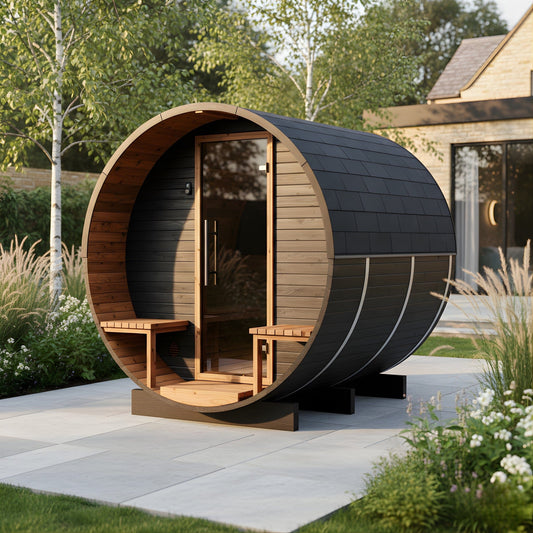 Medium Wood Barrel Sauna with Relaxation Terrace (2-4 Person) in Black