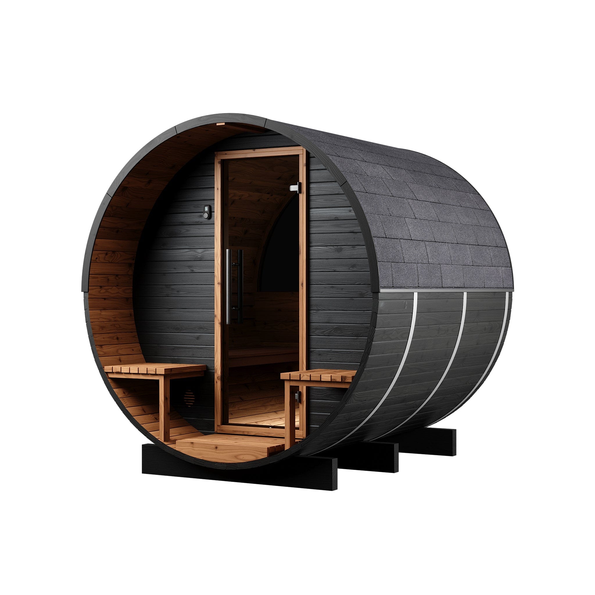 Medium Wood Barrel Sauna with Relaxation Terrace (2-4 Person) in Black